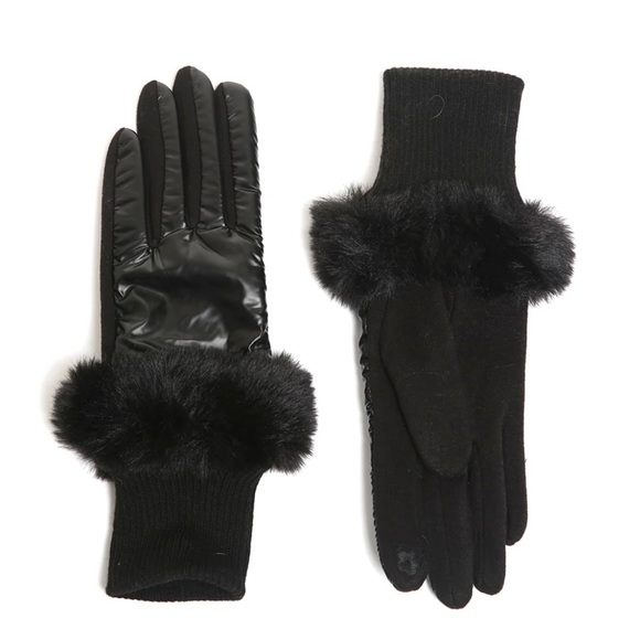 🖤FAUX-FUR🖤Feminine Soft Iridescent Black Stella Puffer Gloves - Picture 1 of 12
